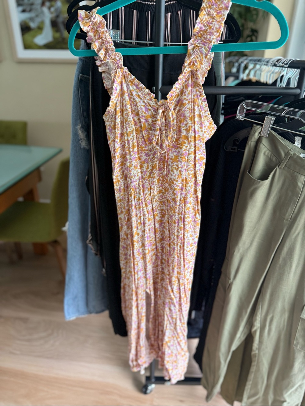 Floral Ruffle Strap Summer Midi Dress in Yellow-Pink